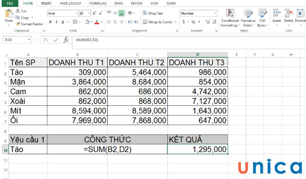 Kết quả tính doanh thu của sản phẩm Táo