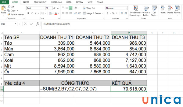 Kết quả tính doanh thu của tất cả sản phẩm trong 3 tháng