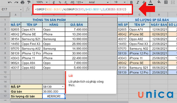 Ví dụ lỗi hàm trong excel