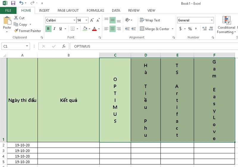 Kết quả cách xoay dọc chữ trong excel bằng dùng chức năng Vertical Text