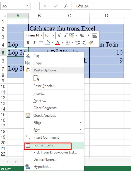 Nhấn chuột phải và chọn Format Cells