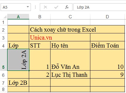 Kết quả sau khi xoay chữ đứng trong excel