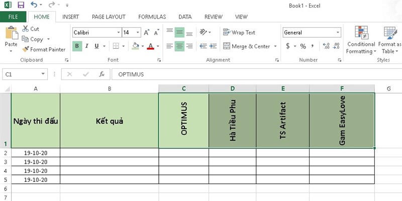 Kết quả cách xoay ngang chữ trong excel 1 góc 90° hướng từ dưới lên trên