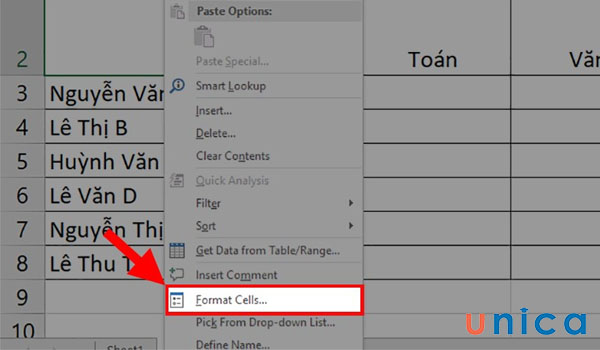 Chọn Format Cells