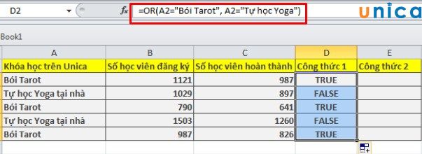 Công thức minh họa cách sử dụng hàm Or trong Excel