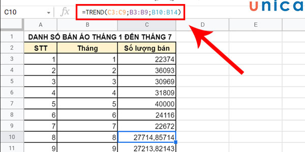 Công thức hàm TREND trong excel