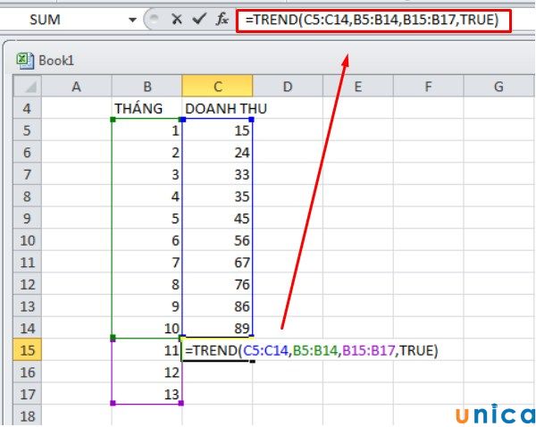 Nhập công thức hàm nội suy trong Excel