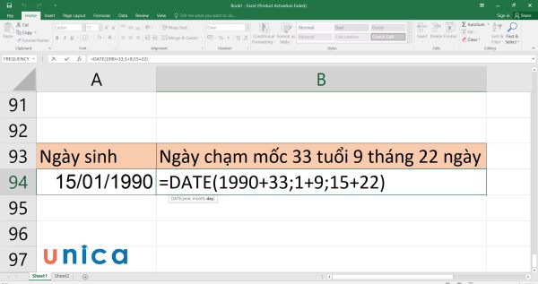 Nhập công thức DATE 