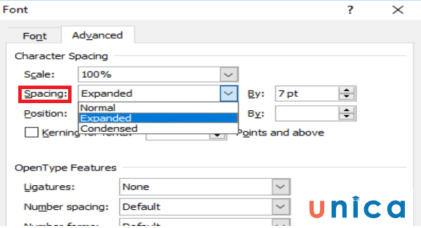 Click chọn vào Advanced và chọn lựa giãn chữ hoặc thu hẹp chữ lại tại phần Spacing