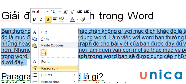 Nhấp chuột phải và chọn Paragraph