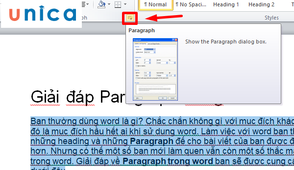 Nhấn chuột vào ký hiệu mũi tên ở góc nhóm Paragraph trên thanh menu