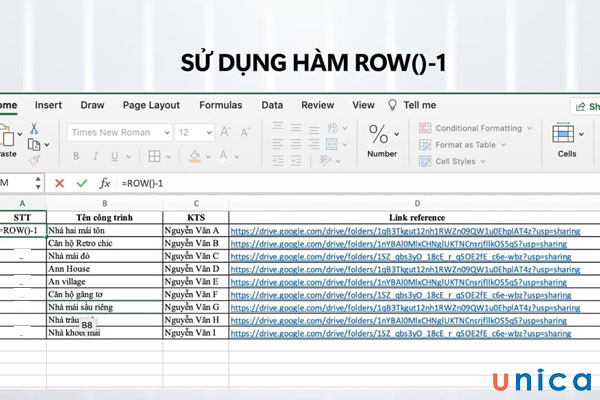 Sử dụng hàm =ROW()-1