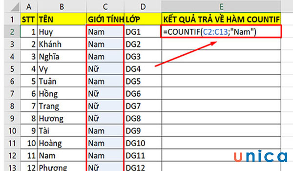 Nhập hàm countif