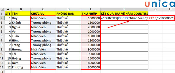 Thao tác nhập hàm COUNTIFS