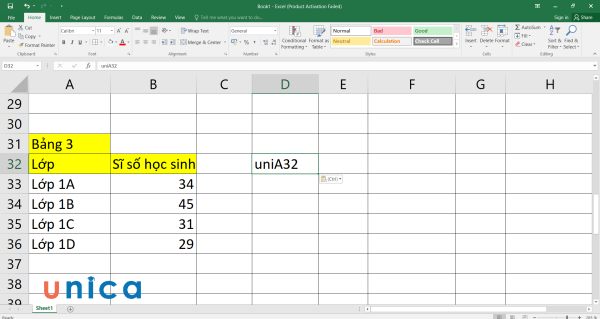 Nhập chữ uniA32 vào ô D32