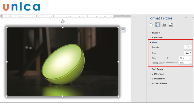 Hướng dẫn sử dụng mục Glow khi chỉnh sửa hình ảnh đã chèn trong Word