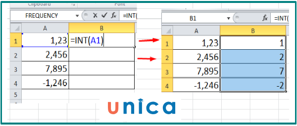 Lệnh INT trong excel lấy ra phần nguyên