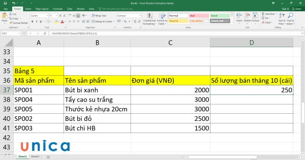 Kết quả sau nhập công thức là 250