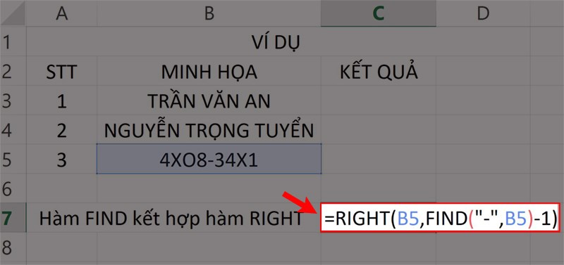 Nhập công thức hàm RIGHT