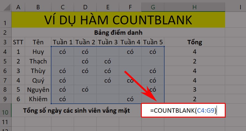 Nhập công thức hàm Countblank