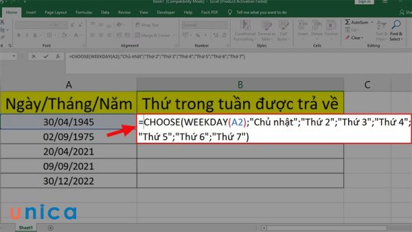 Nhập công thức hàm CHOOSE và WEEKDAY