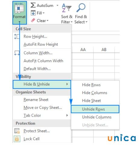 Chọn Unhide Rows để ẩn bỏ dòng