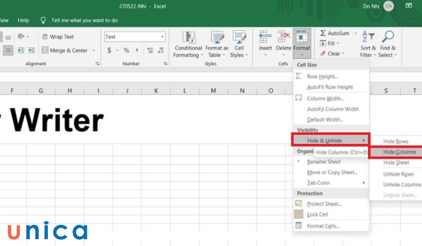 Thao tác ẩn hàng và cột trong excel