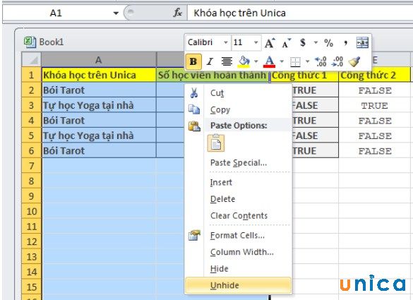 Ví dụ cách ẩn hàng hoặc cột trong Excel