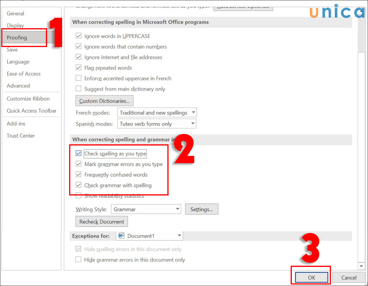 Bỏ đánh dấu các tính năng trong mục When correcting spelling in Microsoft Office programs