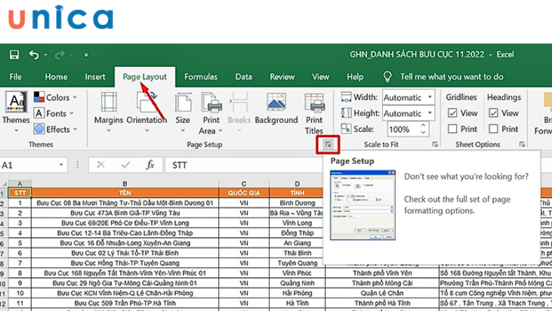 Sử dụng hộp thoại Page Layout