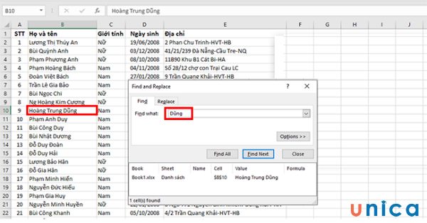 Tìm nhanh bằng phím tắt trong Excel