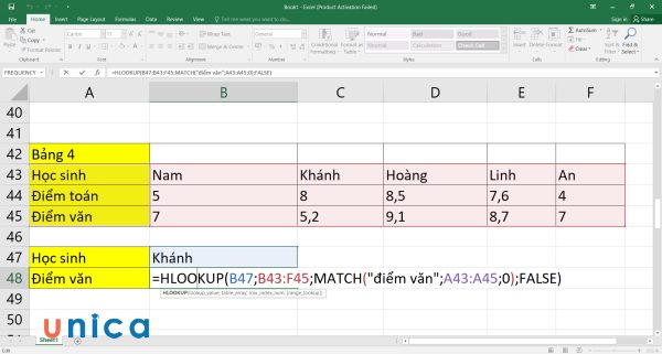 Nhập công thức HLOOKUP vào ô B48