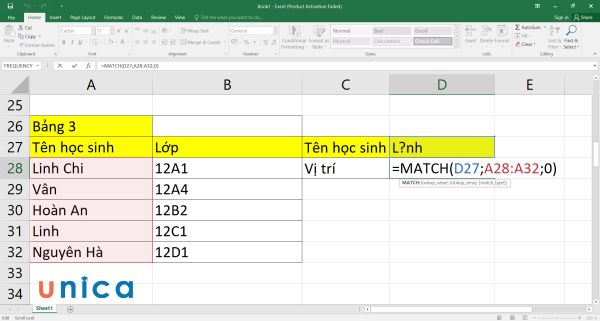 Nhập công thức MATCH vào ô D28