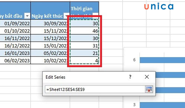 Chọn vùng dữ liệu trong cột thời gian