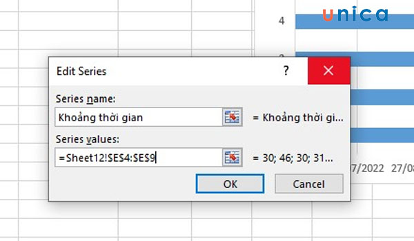 Nhấn OK để đóng Edit Series và Select Data Source