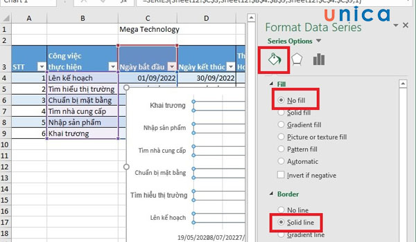 Chọn No Fill và No Line trong hộp thoại Format Data Series