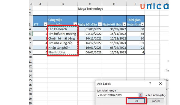 Nhấn OK để đóng Axis Labels