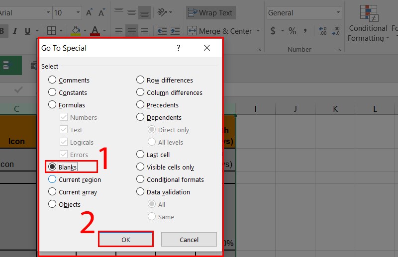 Chọn nút Blanks và nhấn OK