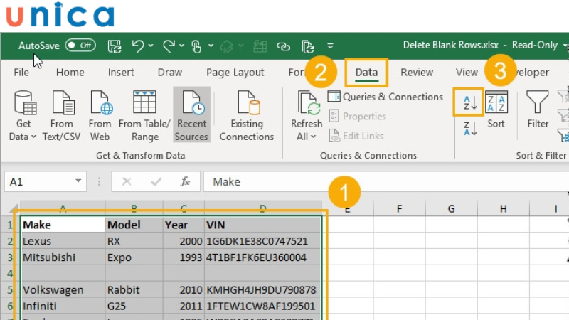 Các bước xóa dòng trống trong Excel bằng công cụ sắp xếp