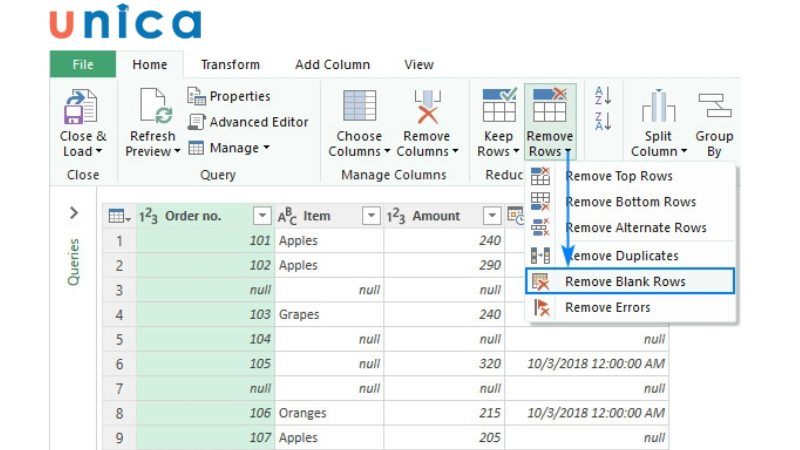 Ở Power Query Editor chọn Remove Rows rồi chọn Remove Blank Rows.