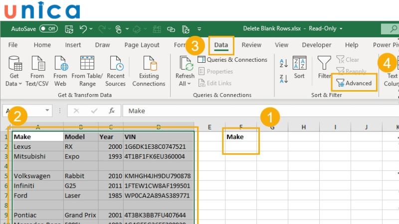 Hướng dẫn cách xóa dòng trống trong Excel bằng bộ lọc nâng cao