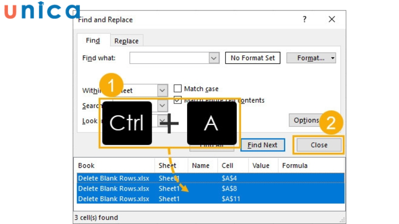 Sử dụng tổ hợp phím Ctrl + A để xóa những dòng trắng trong Excel