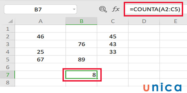 Ví dụ hàm COUNTA trong excel