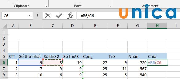 Phép chia trong Excel