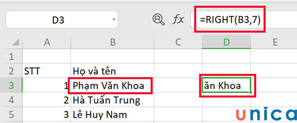 Kết quả sau khi tính công thức hàm RIGHT