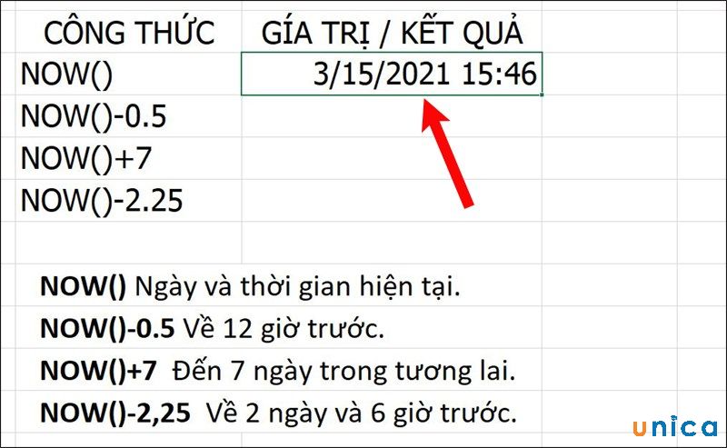 Kết quả hàm NOW trong Excel