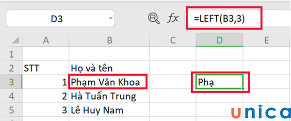 Kết quả tính sử dụng hàm LEFT