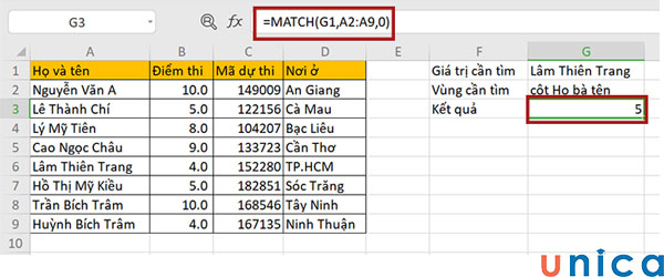 Cách tính hàm MATCH trong excel