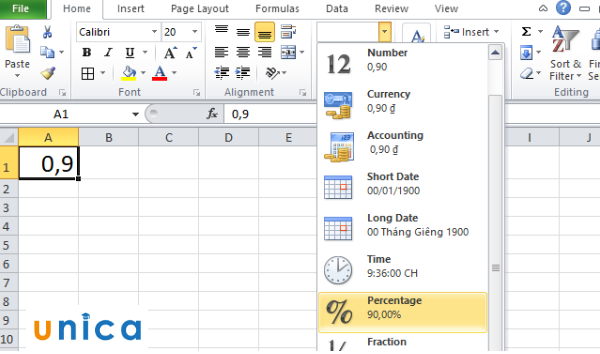 Percentage trong Excel