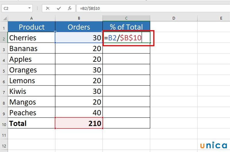 Tính phần trăm trong tổng số trong Excel